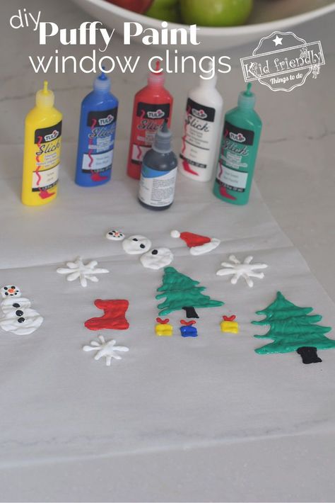 Making your own window clings for Christmas is a fun activity to do with the kids. It's easy to do and so much fun to see your creations in the window. www.kidfriendlythingstodo.com #windowclings #puffypaint #christmas #craft #kids #easy #fun Diy Window Clings, Diy Christmas Window, Homemade Puffy Paint, Diy Puffy Paint, Christmas Window Decoration, Fun Christmas Activities, Craft Kids, Puff Paint, Puffy Paint