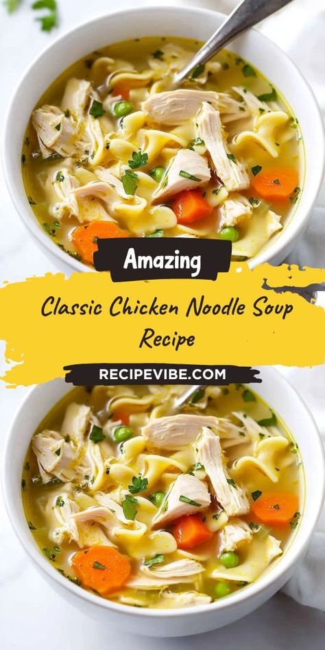 Enjoy a bowl of nostalgia with our Classic Chicken Noodle Soup Recipe! Simple ingredients come together to create a delightful soup that warms the soul. Perfect for sick days or chilly evenings, this recipe is quick, easy, and full of flavor. Taste the comfort in every bite today! Quick Easy Chicken Noodle Soup Recipes, Soups To Make When Sick, Sick Day Soup Recipes, Soup When Your Sick, Soups For Sick Days, Soup For Sickness, Soup For Sick, Quick Chicken Noodle Soup, Classic Chicken Noodle Soup