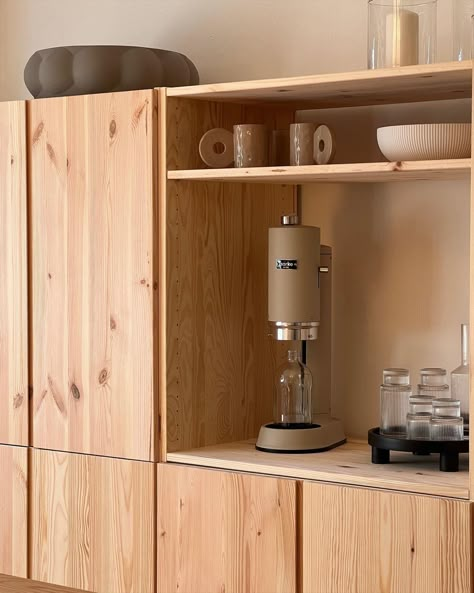 IKEA IVAR HACK: 11 Ways to Customize Your IKEA Cabinets in 2024 Ikea Hack Kitchen Cabinet, Ivar Kitchen Hack, Ivar Kitchen Ideas, Ikea Ivar Kitchen, Ivar Kitchen, Natural Kitchen Cabinets, Ivar Ideas, Ikea Ivar Shelves, Kaffe Station