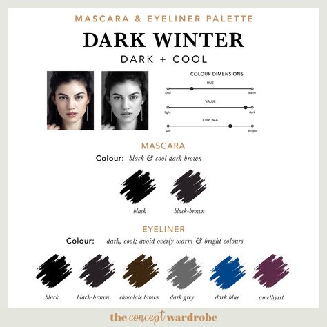 the concept wardrobe | Mascara & Eyeliner Palette for Dark Winter. This article is a comprehensive guide to the Dark Winter make-up palette. Dark Winter is the combination of dark and cool in the seasonal colour analysis. Find out which make-up colours look best on the darkest of the 12 seasonal types. Eyeliner Palette, Seasonal Colour Analysis, The Concept Wardrobe, Palette Winter, Winter Make Up, Mascara And Eyeliner, Concept Wardrobe, Deep Winter Palette, Deep Winter Colors