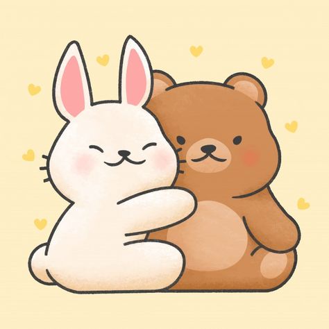 Cute rabbit and bear couple cartoon hand... | Premium Vector #Freepik #vector #baby #heart #love #hand Two Bears Hugging Cartoon, Couple Cartoon Characters, Giraffe Cartoon, Teddy Bear Cartoon, Bear Couple, Teddy Bears Valentines, Cute Bear Drawings, Bear Character, Bunny Drawing