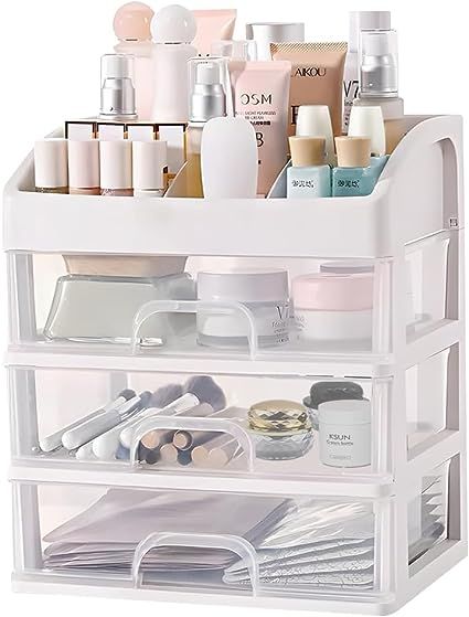 Makeup Organizer,Cosmetic Organizer Storage with 3 Large Drawers,Cosmetic Display Cases (White) Penyimpanan Makeup, Lipstick Container, Makeup Display, Makeup Drawer Organization, Makeup Storage Box, Makeup Brush Storage, Cosmetic Display, Plastic Drawers, Organize Drawers