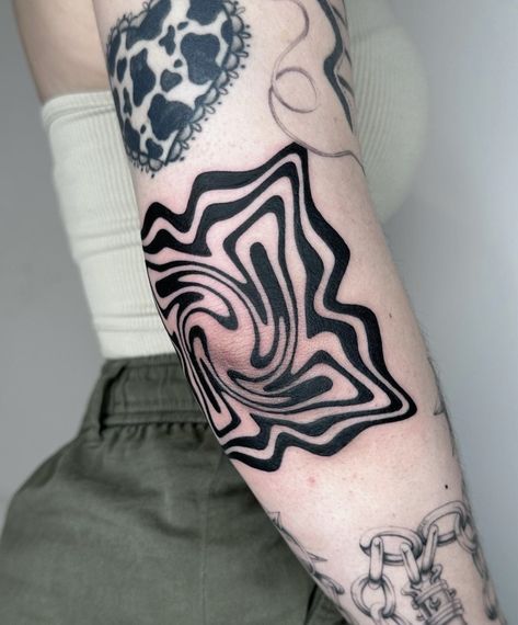 Horror Elbow Tattoo, Cloud Elbow Tattoo, Star On Elbow Tattoo, Blocky Tattoos, Pulsar Tattoo, Tattoo Inside Elbow, Wrap Around Elbow Tattoo, Ornamental Elbow Tattoo, Elbow Pit Tattoo