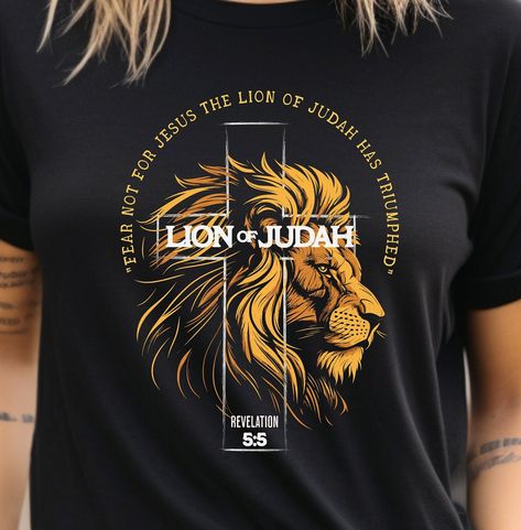 Lion of Judah T-Shirt, Jesus Shirt, Bible Verse Gift, Faith Tees, Christian Quotes, Christian Gift Ideas, Religious Gift, Christian Clothing by CatnapzStudio on Etsy Lion Tshirt Design, Christian Gift Ideas, Jesus Clothes, Quotes Christian, Bible Verse Gifts, Christian Tshirt, Faith Tees, Lion Tshirt, Jesus Shirt