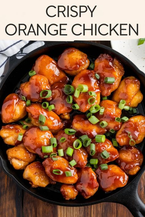 Crispy orange chicken topped with scallions in a cast iron skillet. Orange Chicken Noodles, Orange Chicken Marmalade, Sweet Orange Chicken Recipe, Mandarin Chicken Recipe, Orange Chicken Bowl, Mandarin Sauce, Homemade Orange Chicken, Marmalade Chicken, Mandarin Chicken