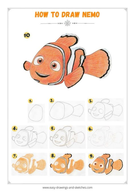 Learn how to draw Nemo in few easy steps. How To Draw Nemo Step By Step, How To Draw Finding Nemo Characters, Finding Nemo Characters Drawings, Nemo Drawings Easy, Fish Drawings Simple, Nemo Crafts For Kids, Nemo Fish Drawing, Finding Nemo Drawings, Nemo Drawings