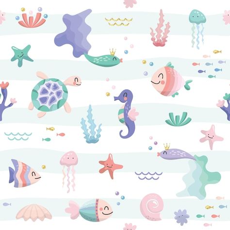 Premium Vector | Cute sea fish characters seamless pattern Kids Notebook Cover, Mermaid Cartoon, Characters Cartoon, Mermaid Illustration, Baby Animal Drawings, Fish Vector, Cartoon Fish, Print Design Art, Baby Illustration