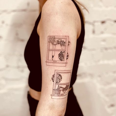 Picture Frames Tattoo, Window Sill Tattoo, Window Tattoo Simple, Frame Tattoos, Window Tattoo, Framed Tattoo, Wall Tattoo, Arm Tattoos, Heart Tattoo