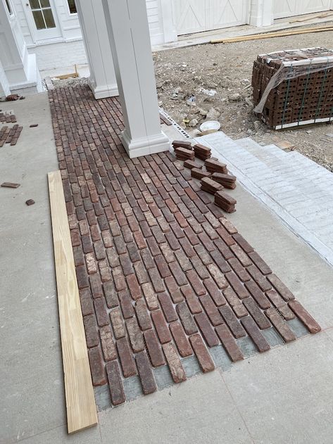 NEW HOUSE: Brick Floors - House of Hargrove Brick Garage Floor, Brick Entryway Floor, Brick Overlay On Concrete, Brick House Front Porch Ideas, Front Porch Flooring, Faux Brick Flooring, Brick Patio Ideas, Porch Floor Ideas, Brick Front Porch