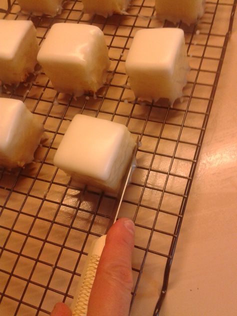 Petifores How To Make, Best Petit Fours Recipe, Petty Fours Recipe, How To Make Petit Fours Tutorials, How To Make Petit Fors, How To Make Petite Fours, Petifores Icing, Chocolate Petite Fours, Simple Petit Fours