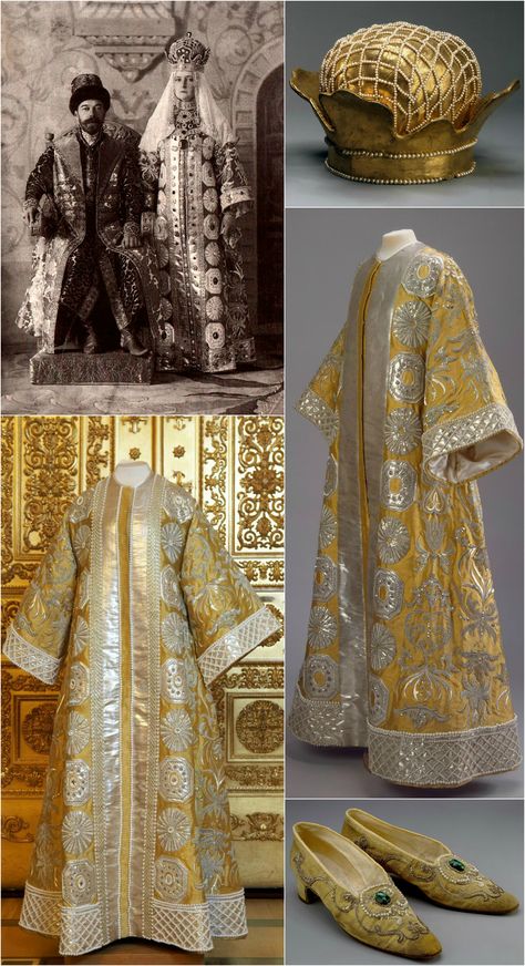 Empress Alexandra Fyodorovna's masquerade costume (17th century Ceremonial Dress of a Russian Tsarina), worn in 1903 for the Court Ball celebrating the Romanov Dynasty's Anniversary. State Hermitage Museum, St. Petersburg. Crown: Silk, brocade, morocco, imitation pearls. Dress: brocade, satin, taffeta, canvas, leather; metallic thread embroidery; artificial pearl decoration. Shoes: Brocade, leather, glass. Photos via the State Hermitage Museum, Vita_colorata on Live Journal, and The Epoch Ti... Pearls Dress, Empress Alexandra, Russian Dress, Ceremonial Dress, House Of Romanov, Alexandra Feodorovna, Winter Palace, Romanov Dynasty, Hermitage Museum