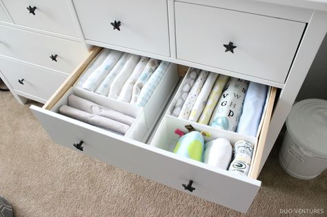 Hemnes Drawers, Nursery Drawer Organization, Baby Dresser Organization, Nursery Organisation, Ikea Baby, Ikea Hemnes Dresser, Nursery Drawer, Hemnes Dresser, Dresser Organizer