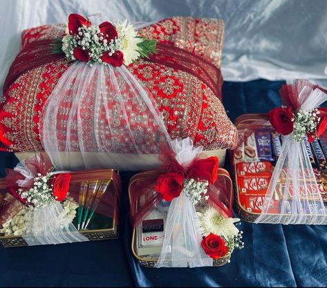 Dm for more details Engagement Packing Ideas For Bride, Bridal Hamper, Engagement Packing, Small Diy Gifts, Wedding Invitation Posters, Wedding Gift Hampers, Wedding Platters, Birthday Hampers, Wedding Gifts Packaging