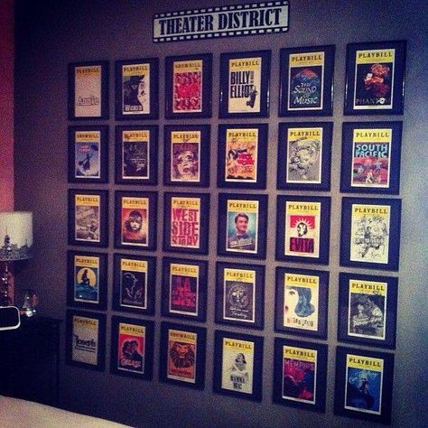 Way to display programs. Theatre Programme Display, Theatre Classroom Decor, Broadway Decor, Playbill Display, Broadway Themed Room, Drama Classroom, Broadway Theme, Theatre Classroom, Theater Room Decor