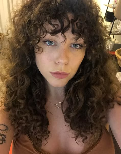 Finally got bangs :D : curlyhair Curly Hair Front Bangs, Wispy Bangs Round Face Curly Hair, Curl Hair Bangs, 2b Bangs, Soft Wispy Bangs Curly Hair, Curly Straight Across Bangs, Whispy Curly Bangs, 3b Curly Bangs, Wispy Bangs On Curly Hair