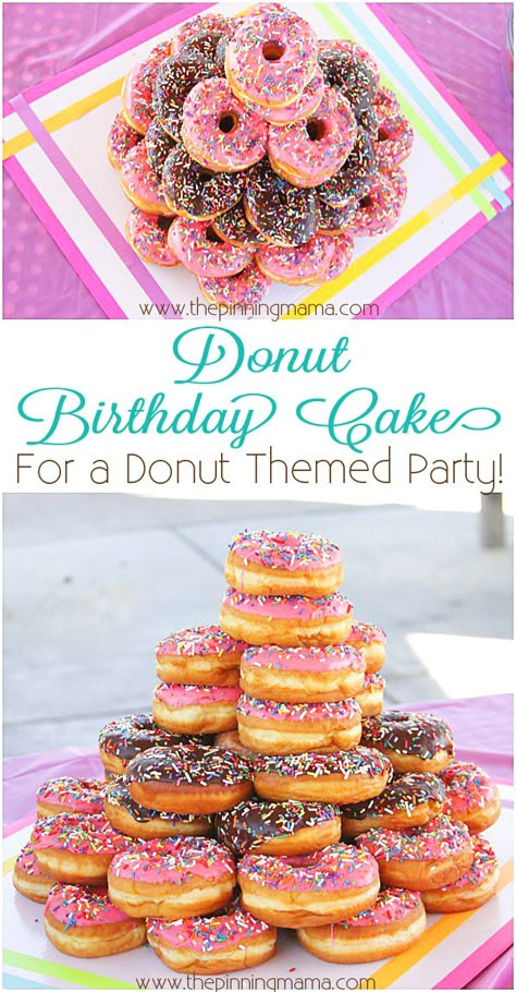 Donut Birthday Cake- What a fun and simple theme for a kid's birthday party! Donut Themed Party, Donut Birthday Cake, Doughnut Party, Donut Cake, Birthday Donuts, Nutella Brownies, Donut Birthday Parties, Donut Birthday, Doughnut Cake