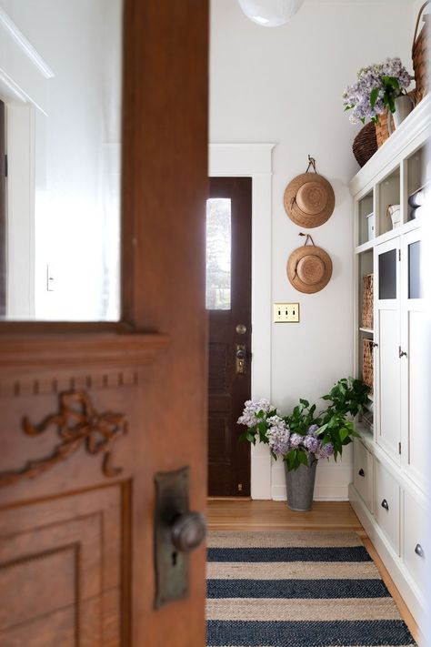 Neutral Cabinets, The Grit And Polish, Grit And Polish, Farmhouse Mudroom, Painted Wood Floors, Farmhouse Pantry, Laundry Room Flooring, Funny Patches, Ikea Curtains