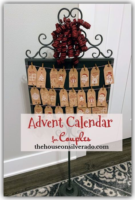 Fun, easy activities for you and your partner to celebrate the spirit of the season together. Romantic Advent Calendar, Porch Pots Christmas, Advent Calendar For Couples, Ribbon Angel Ornaments, Tree Slice Ornaments, Decorating Christmas Ornaments, Christmas Porch Pots, Advent Calendar Ideas Diy, Wood Burned Ornaments