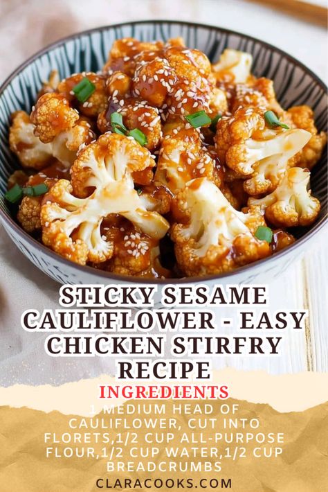 Sticky Sesame Cauliflower - Easy Chicken Stirfry Recipe Chicken Cauliflower Stir Fry, Sesame Cauliflower, Sticky Sesame Cauliflower, Cauliflower Stir Fry, Chicken Cauliflower, Stir Fry Recipes Chicken, Easy Cauliflower, Vegetarian Thanksgiving, Cauliflower Recipe