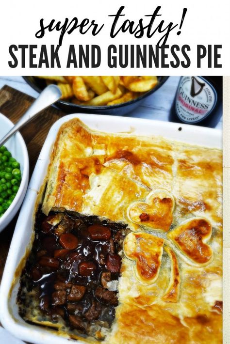 Oh this is just the absolute BEST Steak and Guinness Pie! Super tasty, rich, meaty pie filling topped with flaky puff pastry. A delicious, easy family meal idea. Guinness Steak Pie, Steak And Guinness Pie Jamie Oliver, Steak Guiness Pie Recipe, Irish Beef Pie, Guiness Beef Pot Pie, Steak And Guinness Pie, Beef And Guinness Pie, Guinness Pie, Steak And Mushroom Pie