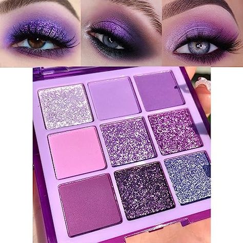 evpct 9 Colors Purple Pink Lavender Glitter Shimmer Eye Shadow Palette Makeup Highly Pigmented Waterproof Violet Mauve Dark Purple Silver Pearl White Glitter Shimmer Sparkling Party Eyeshadow Palette Party Eyeshadow, Purple Makeup Looks, Make Eyes Pop, Sparkle Eyeshadow, Creamy Eyeshadow, Glitter Eyeshadow Palette, Purple Lips, Purple Makeup, Palette Makeup