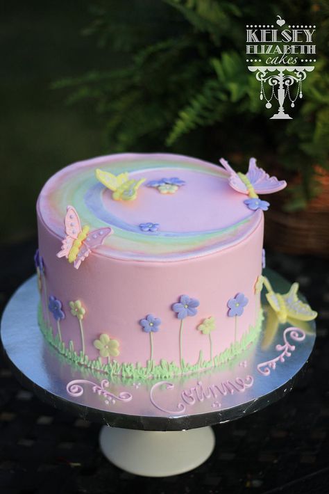 Spring Cake Designs Birthday, Flower And Butterfly Cake Ideas, Butterfly And Flower Birthday Cake, Simple Fairy Birthday Cake, Butterfly Cake Ideas Birthdays Simple, Flower Birthday Cake Kids, Butterfly Cake Kids, Spring Birthday Cakes, Butterfly 1st Birthday Cake