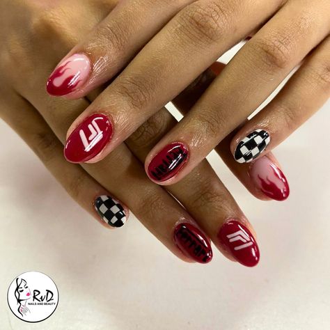 Race Inspired Nails, Ferrari Inspired Nails, Car Inspired Nails, Race Car Nails, F1 Nail Art, Formula 1 Nails, Ferrari Nails, F1 Nails, F1 Ferrari