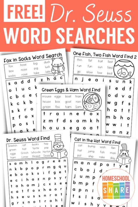 First Grade Dr Seuss Activities, Sight Words Word Search Free Printable, Dr Seuss 2nd Grade Activities, Dr Seuss First Grade, Dr Suess Activities Kindergarten, Dr Seuss Literacy Activities, One Fish Two Fish Activities, Dr Suess Activities, Dr Seuss Word Search