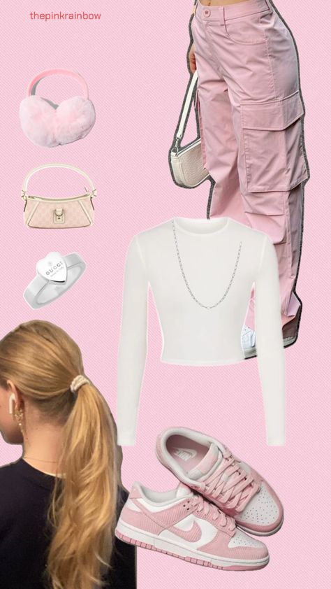 Baby pink outfit INSPO, nike dunks, skims, cargo pants, earmuffs, silver jewelry, 90s fashion Pink Cargo Pants Outfits, Baby Pink Outfit, Jewelry 90s, Pink Cargo Pants, Cargo Outfit, Cargo Pants Outfits, Pants Outfits, Simple Trendy Outfits, Earmuffs