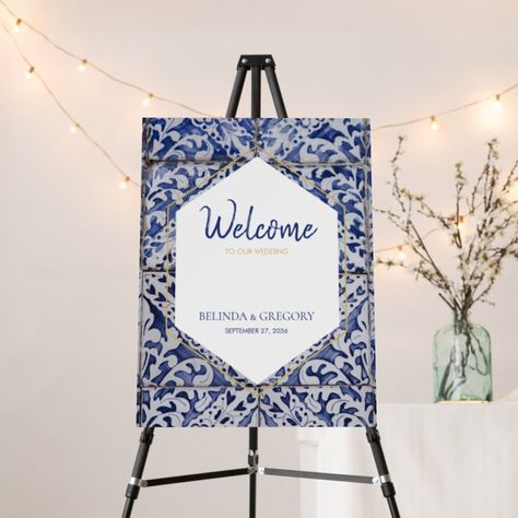 Portuguese Tile Wedding, Portuguese Wedding Decor, Portuguese Wedding, Welcome Sign Template, Wedding Stationery Design, Portuguese Tiles, Wedding Vases, Bridal Shower Signs, Wedding Welcome Sign