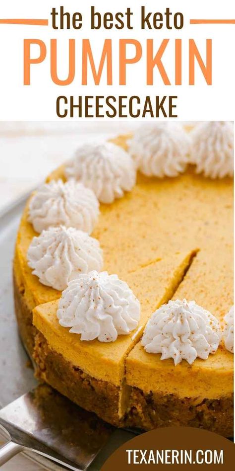 Keto Pumpkin Cheesecake - Texanerin Baking Cheesecake Factory Pumpkin Cheesecake, Keto Pumpkin Cheesecake, Pumpkin Swirl Cheesecake, Pumpkin Pie Cheesecake, Pumpkin Cheesecake Recipes, Preppy Kitchen, Keto Pumpkin, Homemade Pumpkin Puree, Keto Dessert Easy