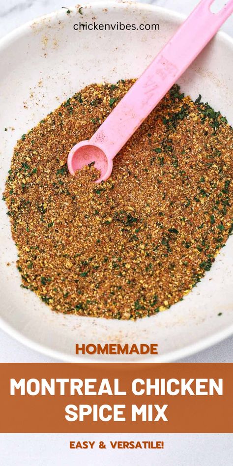 This Montreal chicken seasoning recipe is easy, packed full of flavor, and quick to make. It can be put together in 5 minutes or less and it's great on all parts of chicken and even other poultry, and all meats. If you are looking for a well-rounded seasoning with unique flavors, this Montreal chicken spice mix is the ticket. Let me show you how to make it. montreal chicken seasoning recipe | montreal chicken recipe | chicken spice recipe #Montrealchickenrecipe #spicechickenrecipe #chickenvibes Montreal Steak Spice Recipe, Montreal Chicken Marinade, Rotisserie Chicken Spices Recipes, Homemade Montreal Steak Seasoning, Spicy Seasoning For Chicken, Spice Blends For Chicken, Diy Seasoned Salt, Chicken Spices Recipes, Copycat Seasoning Mixes