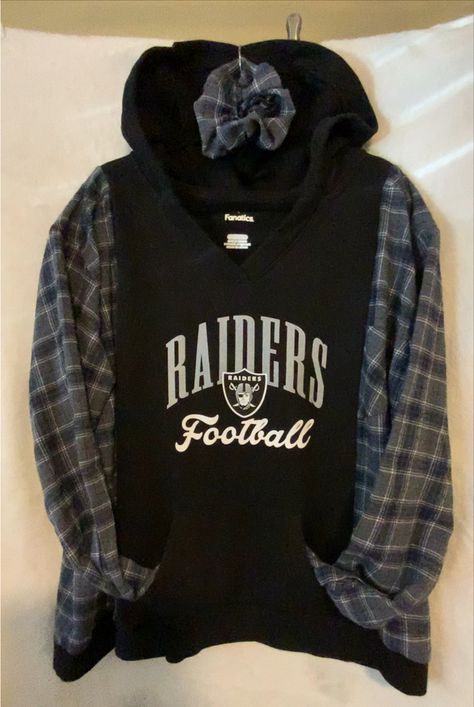 Upcycled Hoodie and Flannel listed on my Poshmark Flannel And Hoodie, Sewing Upcycled Clothing, Upcycled Hoodie, Hoodie Flannel, Hoodie Upcycle, Hoodie Diy, Upcycle Ideas, Flannel Hoodie, Raiders Football