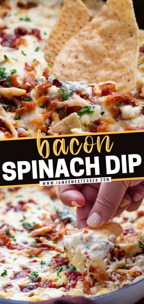 Bacon Spinach Dip, Football Food Appetizers, Dip Recipes Appetizers, Homemade Dips, Delicious Dips Recipes, Cheesy Dip, Football Party Food, Dip Recipes Easy, Superbowl Snacks