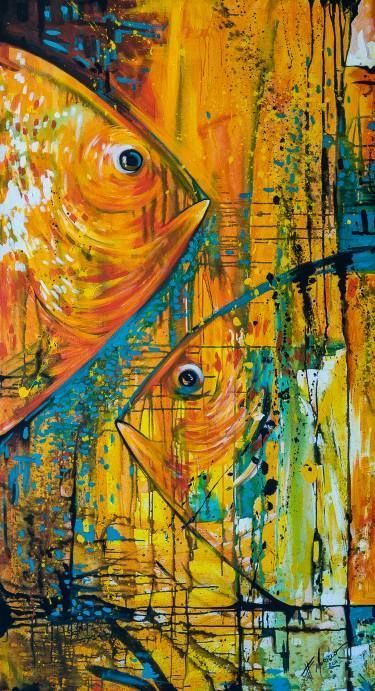 Abstract Fish Painting, Soyut Sanat Tabloları, Two Fish, Fish Painting, Hur Man Målar, Art Painting Acrylic, Painting Art Projects, Fish Art, Cool Paintings