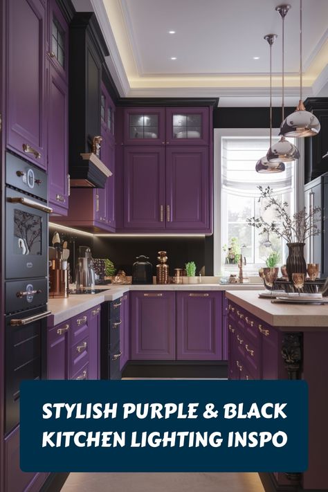 Modern kitchen with purple and black cabinetry, featuring elegant pendant lighting above a spacious countertop. Black And Purple Kitchen, Purple Countertops, Black Kitchen Lighting, Purple Kitchen Cabinets, Purple Kitchen Designs, Accent Wall Inspiration, Kitchen Palette, Plum Kitchen, Kitchen Color Ideas