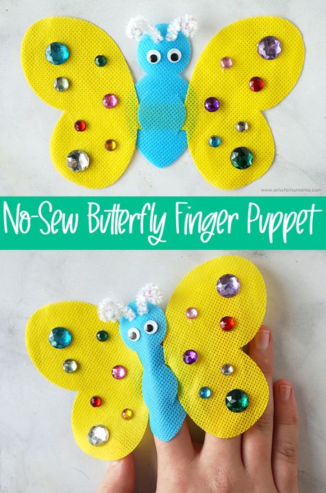 No-Sew Butterfly Finger Puppet | artsy-fartsy mama Butterfly Sock Puppet, Sew Butterfly, Butterfly Finger Puppet, Butterfly Puppet, Spring Crochet Ideas, Crochet Butterfly Applique, Mess Free Craft, Handmade Puppet, Sophia Grace