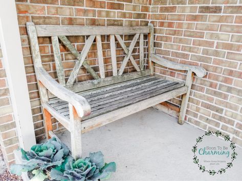 How To Refinish A Wood Bench - Soon To Be Charming Rustic Outdoor Benches, Wood Bench Seat, Front Porch Seating, Bench Makeover, Wooden Bench Seat, Front Porch Bench, Rocking Bench, Cedar Bench, Wood Bench Outdoor