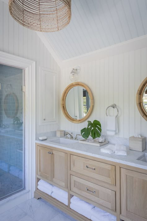 Cape Cod Waterfront — Robin Gannon Interiors Cape Cod Bathroom, Beach House Vibes, Herringbone Brick Floor, Coastal Styling, Herringbone Brick, Vertical Shiplap, Brick Floor, Shiplap Bathroom, Elm Tree