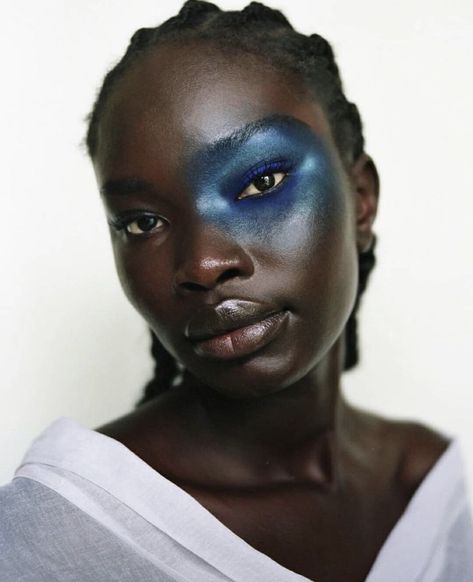 Bald Photoshoot, Black Makeup Editorial, Grand Jete, Afro Futuristic Makeup, Futuristic Makeup Black Woman, Unconventional Makeup, Blue Avant Garde Makeup, Purple Avant Garde Makeup, Futuristic Makeup