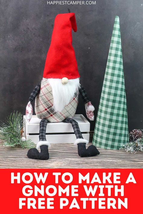 Sew something unique and fun. We show you How To Make A Gnome With Free Pattern! My kids love gnomes, and when I came across this free sewing pattern, I knew I had to make to give to my kids as a gift. This project is cute and the pattern makes it simple to cut out all your fabric pieces. I picked out some fun festive fabric, but you could use whatever fabric you want that works best for you. I think this little plushie is so cute! Christmas sewing projects. Free pattern. How To Make A Gnome Wit Sewing Projects Free Pattern, Gnome Sewing, Doorstop Pattern, Christmas Sewing Patterns, Winter Wreath Diy, Gnome Pattern, Christmas Sewing Projects, Sewing Projects Free, Gnomes Diy