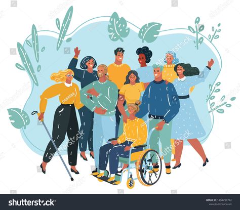 Cartoon vecor illustration of disabled people care. Woman in a wheelchair and blind person with his friends get together. #Ad , #Sponsored, #disabled#people#illustration#Cartoon Blind Person Illustration, Blind Person, Cartoon Strip, Work Art, Italian Countryside, Disabled People, Illustration Ideas, Illustration Cartoon, The Originals Characters