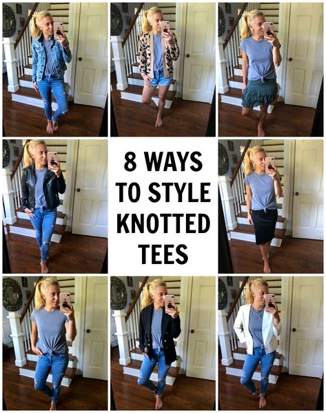 8 Ways to Style Knotted Tees - Looking for ways to style a front knot tee? Here is how to style a knotted tee 8 different ways. Knotted Shirt Outfit, Knot Shirt, Knotted Shirt, Tshirt Knot, Casual Tee, How To Style, Fashion Styles, Fashion Advice, Shirt Outfit