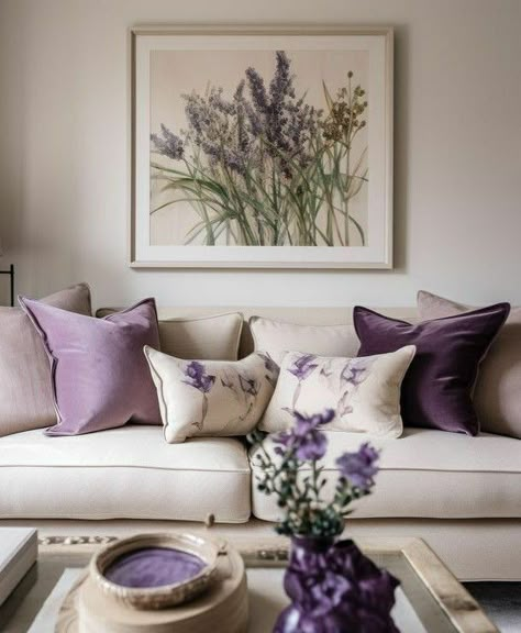 Purple And Cream Living Room, Blush Purple Bedroom, Purple Cushions Living Room, Beige And Purple Living Room, Lilac Living Room Decor, Plush Sofa Living Rooms, Lilac And Cream Bedroom, Lavender Apartment Decor, Cream Sofa Cushion Ideas