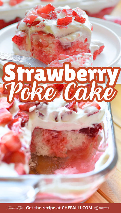 Two pictures of strawberry poke cake. The top one is a slice of cake that is plated with a fork. The bottom picture is the poke cake in a 9X13 glass pan. Strawberry Poke Cake With Condensed Milk, Poke Cake With Condensed Milk, Jello Strawberry Pie, Poke Cake With Jello, Cake With Jello, Cake With Condensed Milk, Box Cake Recipe, Jello Cake Recipes, Strawberry Poke Cake