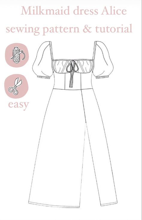 Diy Milk Maid Dress, Easy Barbie Clothes Diy Dress Patterns, Easy Dress Sketches For Beginners, Milk Maid Dress Pattern Free, Cottage Core Dress Sewing Pattern, Cute Dress Pattern, Cottage Dress Pattern, Dress Templates Sewing, Milk Maid Dress Pattern