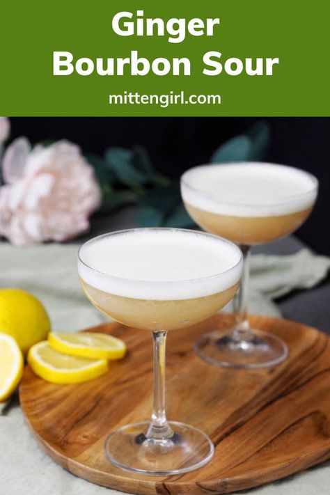 Ginger pairs deliciously with all kinds of bourbon/whiskey. This Ginger Bourbon Sour plays up that perfect pairing alongside a creamy egg white, which gives the cocktail a silky texture for a decadent sip. Ginger Bourbon Cocktail, Whisky Ginger Cocktail, Ginger Liqueur Cocktails, Whiskey And Ginger Ale, Bourbon Drinks Recipes, Snack Pairings, Bourbon Sour, Egg White Recipes, Bbq Birthday