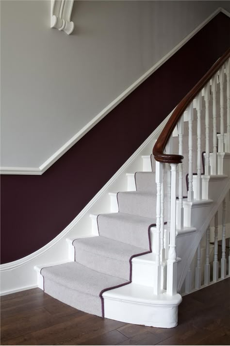 I actually kind of like the darker colour under the dado... maybe not this purple but something similar? Hall Painting, Cornforth White, Wimborne White, Victorian Hallway, Farrow & Ball, Hallway Colours, Modern Country Style, Dado Rail, Stair Case