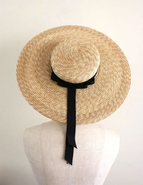 Straw Wide-brimmed Boater Hat kate Black - Etsy Boater Hat Outfit, Kate Made, Flat Top Hat, Straw Boater Hat, Mad Hat, Custom Made Hats, Large Brim Hat, Straw Boater, Interesting Outfits