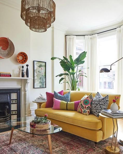 Emily Griffin, Apartment Livingroom, Griffin Design, Eclectic Living Room Design, Yellow Couch, Living Room Wall Designs, Eclectic Living, Yellow Living Room, Eclectic Living Room